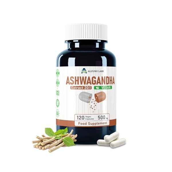 Alzuro Labs Ashwagandha | 10 000 mg équivalent 500 mg dextrait 20:1 | 120 capsules végétaliennes | Soutien au stress, à l