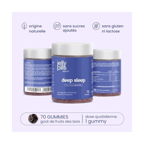 Jelly Pills Mélatonine 1,9 mg avec Ashwagandha, Tryptophane & Vitamines B6/B12 – 70 Gummies Véganes – Sans Sucres Ajoutés – G