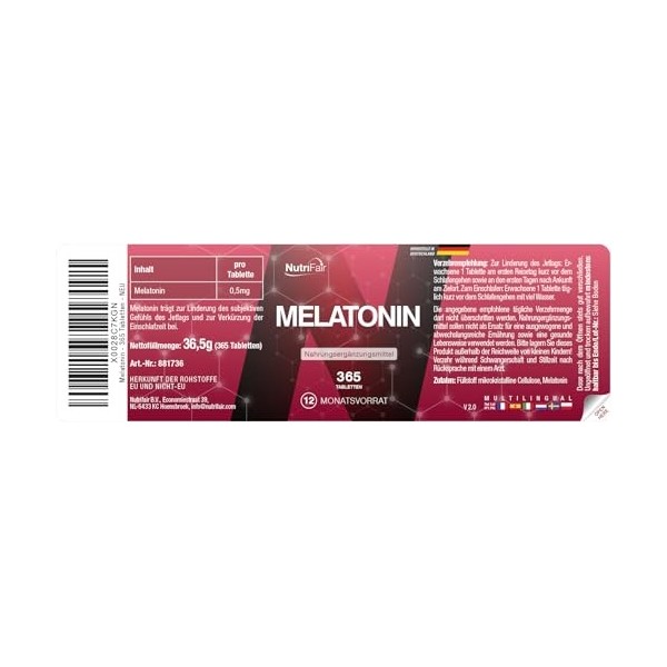 Mélatonine 0,5mg - 365 Comprimés - Hautement Dosé - 100% Végétalien - Production allemande & Tests en laboratoire - NutriFair