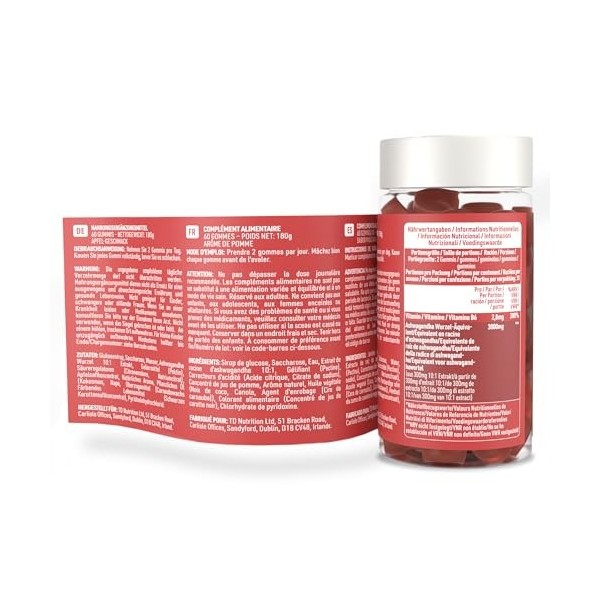 Gummies dAshwagandha 1500mg - Complément Alimentaire à Haute Concentration avec Vitamine B6 - Saveur Naturelle de Pomme - 60