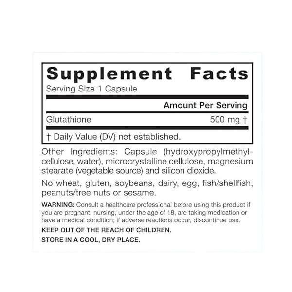 Glutathion réduit 500 mg, sans OGM, sans gluten, 120 gélules végétaliennes