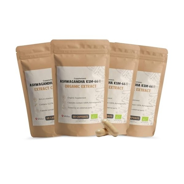 Cupplement Ashwagandha KSM Lot de 240 66 gélules 500 mg – Bio – Sans poudre, tablette, ours en gomme, thé – Superaliment – As