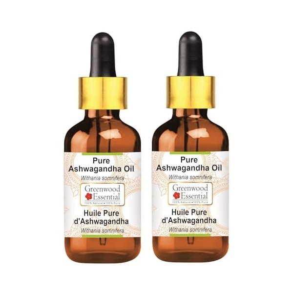 Greenwood Essential Pure Ashwagandha Oil Withania somnifera with Glass Dropper Pack of Two 100ml X 2 6.76 oz Ashwagandha
