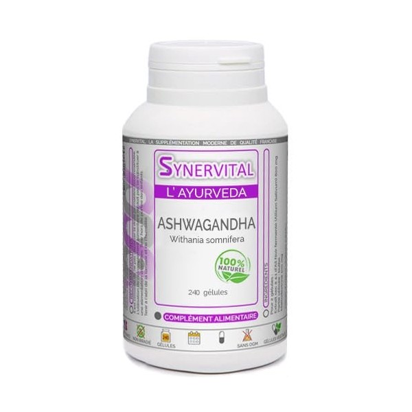 Ashwagandha Synervital 240 gélules dosées à 300 mg - Complément alimentaire - Stress, fatigue, insomnie, amélioration des per