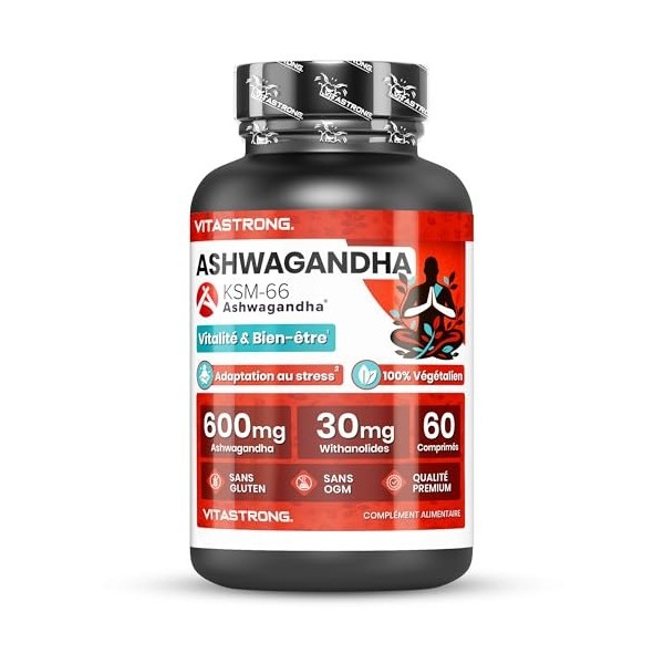 Ashwagandha KSM-66 Vitastrong, Extrait Withania Somnifera Ginseng Indien , 30mg de Withanolides, Complément Alimentaire d’As