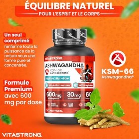 Ashwagandha KSM-66 Vitastrong, Extrait Withania Somnifera Ginseng Indien , 30mg de Withanolides, Complément Alimentaire d’As