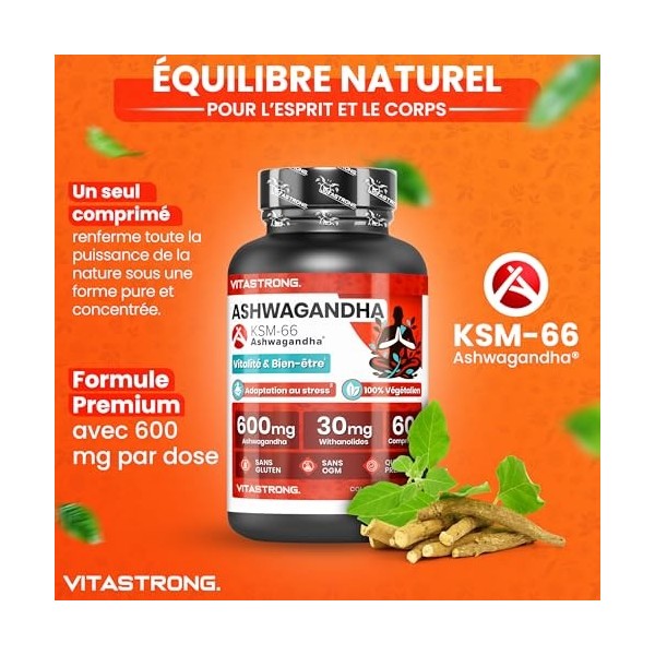 Ashwagandha KSM-66 Vitastrong, Extrait Withania Somnifera Ginseng Indien , 30mg de Withanolides, Complément Alimentaire d’As
