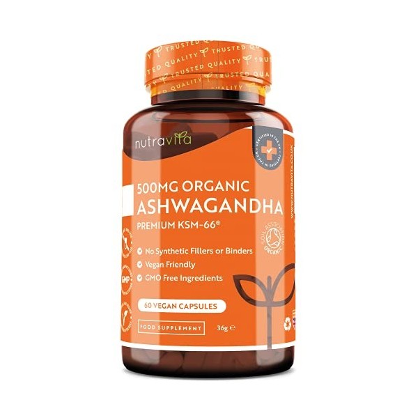 Nutravita Ashwagandha Bio KSM-66® 500 mg – 60 gélules véganes – Extrait de racine à spectre complet - haute qualité – Withano
