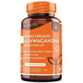 Nutravita Ashwagandha Bio KSM-66® 500 mg – 60 gélules véganes – Extrait de racine à spectre complet - haute qualité – Withano