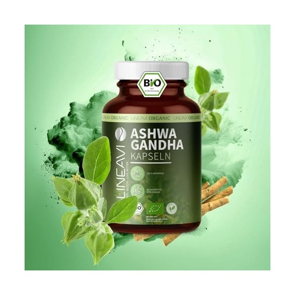 LINEAVI Ashwagandha 150 gélules bio, poudre dashwagandha finement moulue de qualité bio, issue de la doctrine ayurvédique in