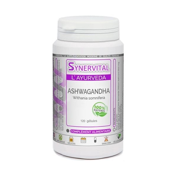 Ashwagandha Synervital 120 gélules dosées à 300 mg - Complément alimentaire - Stress, fatigue, insomnie, amélioration des per