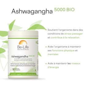BE-LIFE | Ashwagandha 5000 BIO | Complément alimentaire certifié bio | Résistance au stress, favorise la détente, fortifie l’...