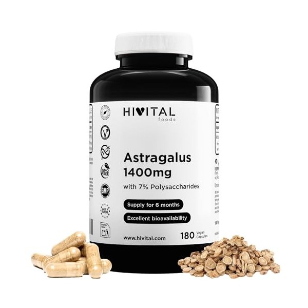 Astragale 1400 mg. 180 gélules végétaliennes pour 6 mois de traitement. Extrait naturel dAstragale avec 7% de Polysaccharide