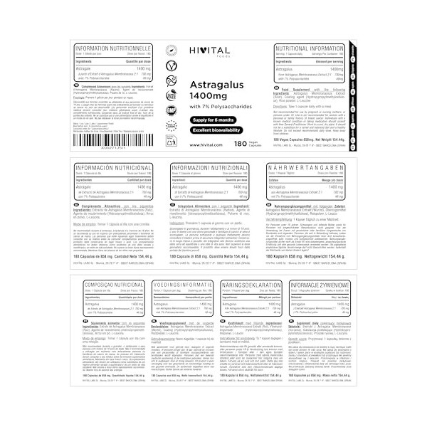 Astragale 1400 mg. 180 gélules végétaliennes pour 6 mois de traitement. Extrait naturel dAstragale avec 7% de Polysaccharide