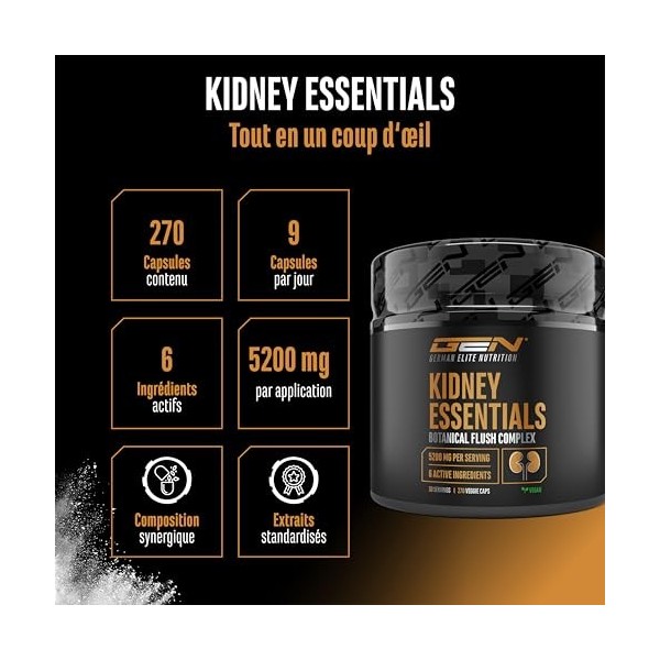 Kidney Essentials - 270 gélules - complexe Botanical Flush hautement dosé avec extraits d’astragale, d’ortie, de cerise griot