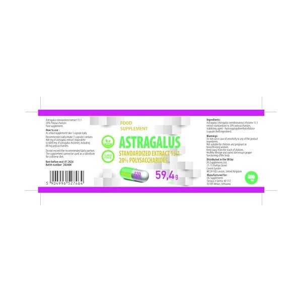Astragalus Équivalent à 6000 mg 400 mg dextrait 15:1 120 gélules végétaliennes, 20 % polysaccharides, complément alimentai