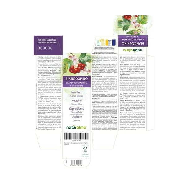 Aubépine Crataegus oxyacantha feuilles et fleurs Teinture Mère sans alcool Naturalma - Extrait liquide gouttes 60 ml - Comp A...