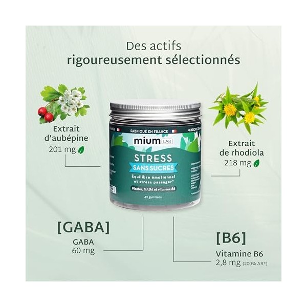 Mium Lab - Anti-Stress, Réduit la Fatigue Physique et Mentale - Équilibre nerveux - GABA + Aubépine & Rhodiola + Vitamine B6 ...