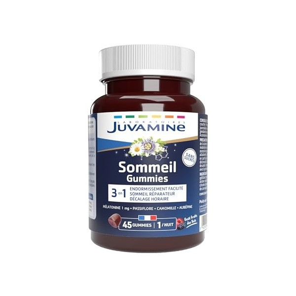 JUVAMINE - Gummies Sommeil- Endormissement facilité - Sommeil réparateur - Décalage horaire - Passiflore - Camomille - Aubépi