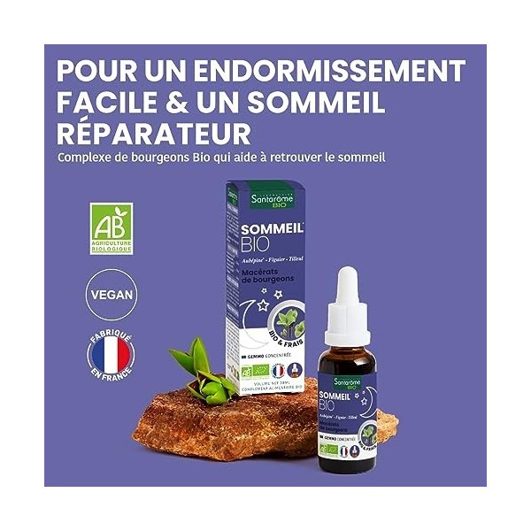 Santarome Bio - Sommeil Bio - Macérat de bourgeons - Complément Alimentaire Sommeil - Gémmothérapie - Aubépine, Figuier, Till