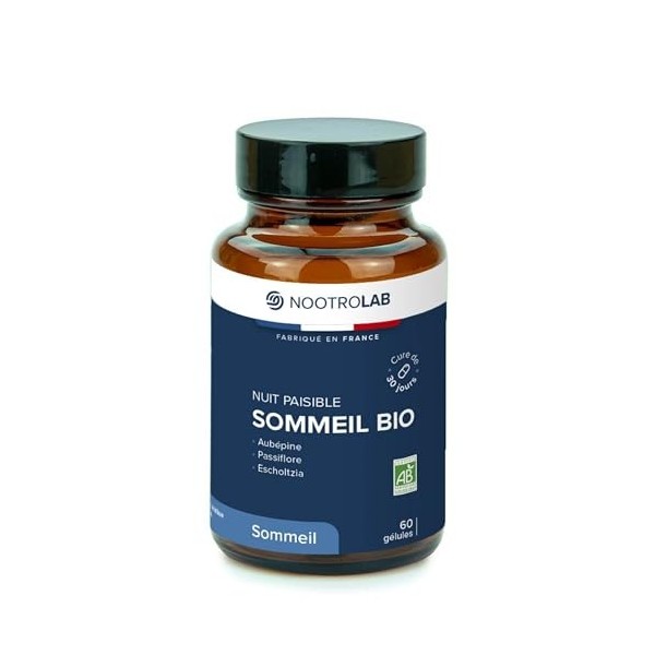 Nootrolab Sommeil Bio, Complément Alimentaire Naturel avec Aubépine, Passiflore et Escholtzia, 60 Gélules, Fabriqué en France