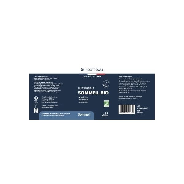 Nootrolab Sommeil Bio, Complément Alimentaire Naturel avec Aubépine, Passiflore et Escholtzia, 60 Gélules, Fabriqué en France