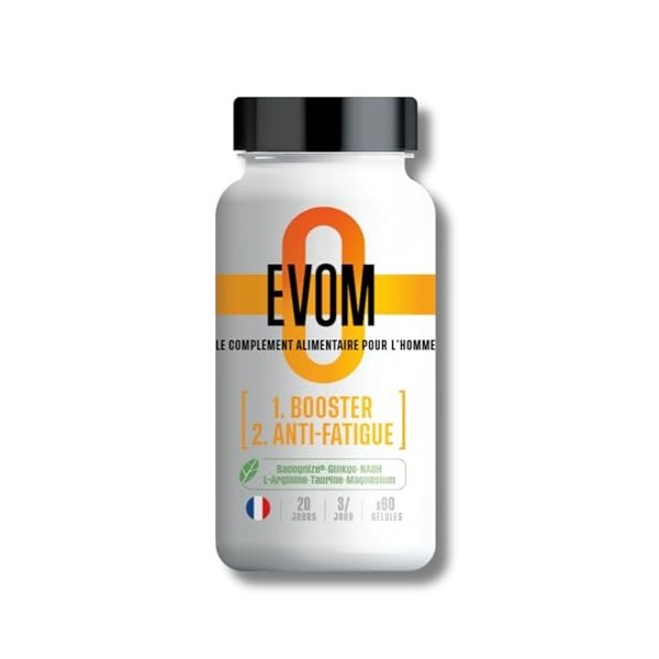 Booster Anti Fatigue Homme EVOM - Énergie Physique et Tonus Mental - Magnésium 26% VNR , Bacopa BACOGNIZE®, Ginkgo, NADH, ac
