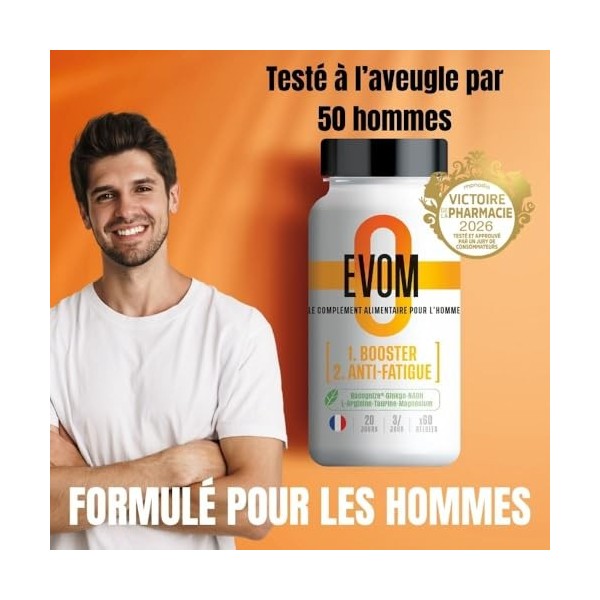 Booster Anti Fatigue Homme EVOM - Énergie Physique et Tonus Mental - Magnésium 26% VNR , Bacopa BACOGNIZE®, Ginkgo, NADH, ac