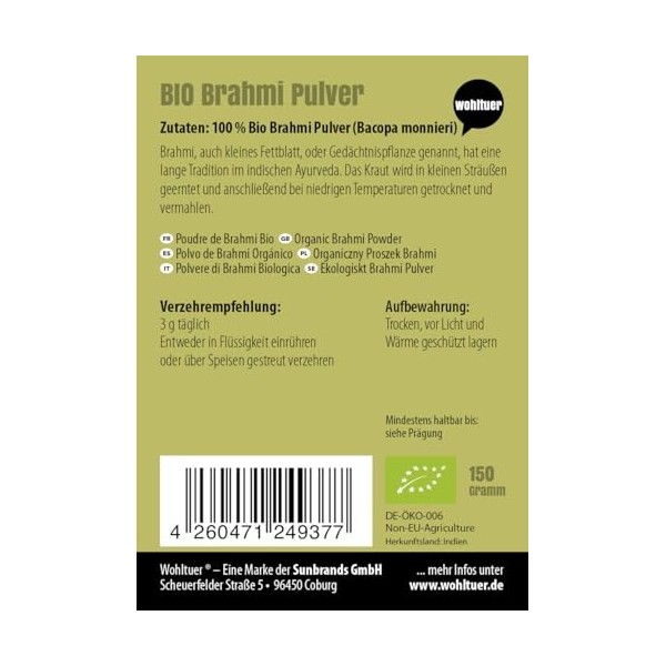 Wohltuer Brahmi Bio Brahmi Poudre 150 g – Bacopa Monnieri – Plante mémoire – 100 % brut & naturel pur sans additifs