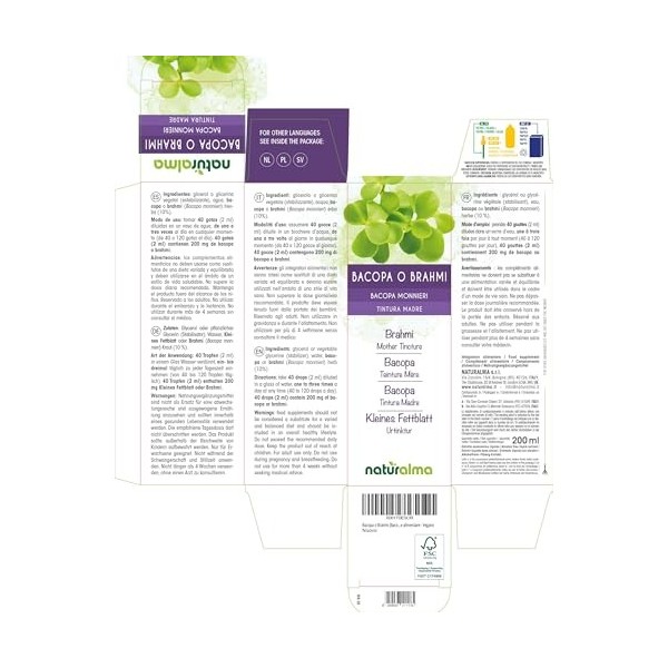 Bacopa ou Brahmi Bacopa monnieri herbe Teinture Mère sans alcool Naturalma - Extrait liquide gouttes 200 ml - Complément al B...