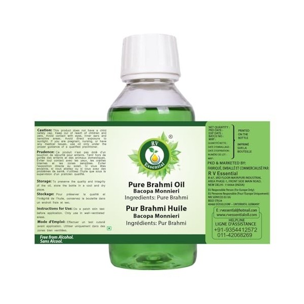 R V Essential Huile de Brahmi pur 100ml 3.38oz - Bacopa Monnieri 100% pur et Série dherb rares naturelles Pure Brahmi Oi Baco...