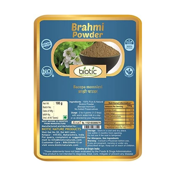Brahmi Poudre – Bacopa Monnieri – Brahmi Churna pour manger, cheveux – 100 g