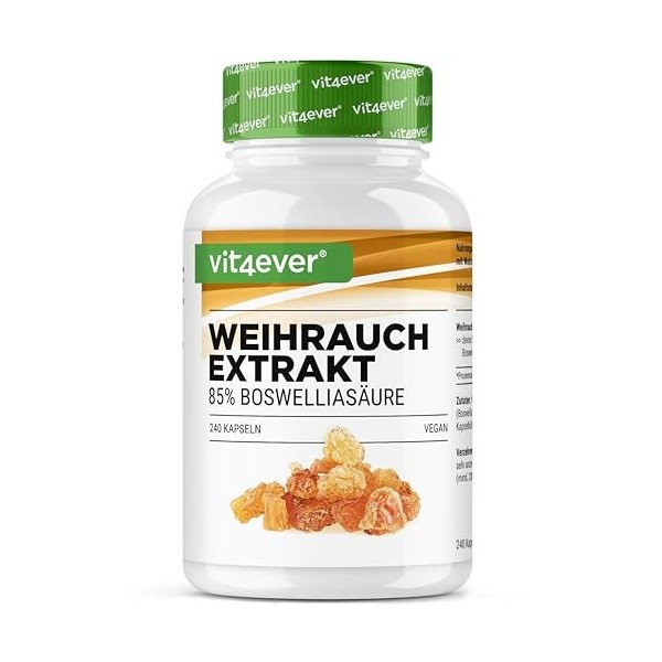 vit4ever Extrait d’encens - 240 gélules véganes - 1000 mg par portion quotidienne - Avec 85% d’acides boswelliques issus de v