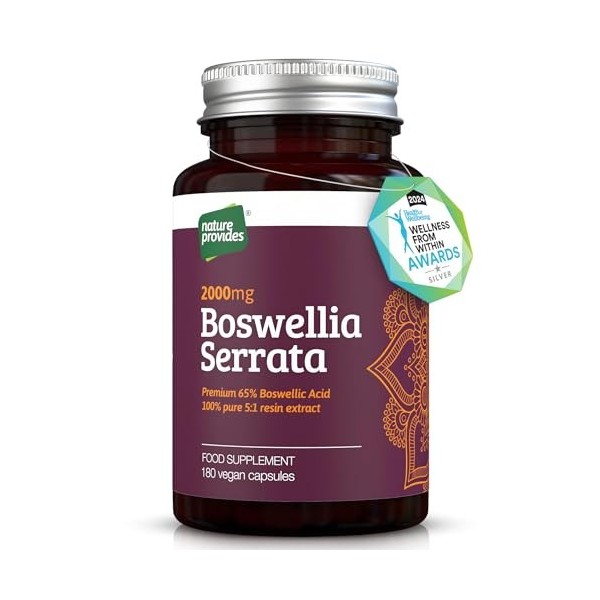 Boswellia Serrata 2000 mg extrait 5:1 , 180 gélules véganes, 6 mois de cure, 65% acide boswellique, encens indien, soutien a