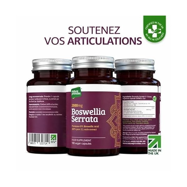 Boswellia Serrata 2000 mg extrait 5:1 , 180 gélules véganes, 6 mois de cure, 65% acide boswellique, encens indien, soutien a