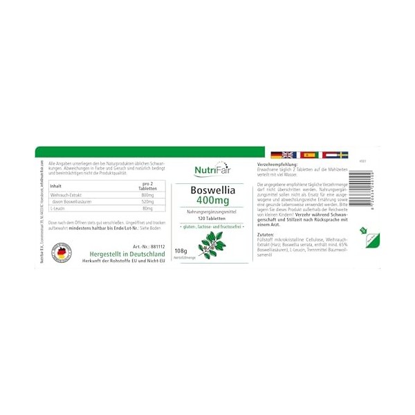 Boswellia 400mg - avec 800mg dextrait dencens par dose journalière - 120 comprimés - Hautement dosé - 100% végétalien - Pro B...