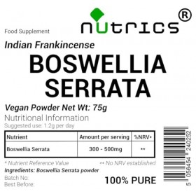 Nutrics BOSWELLIA SERRATA Poudre dencens indien Acide boswellique – 100 % pure, sans charges, liants ou agents de charge 75