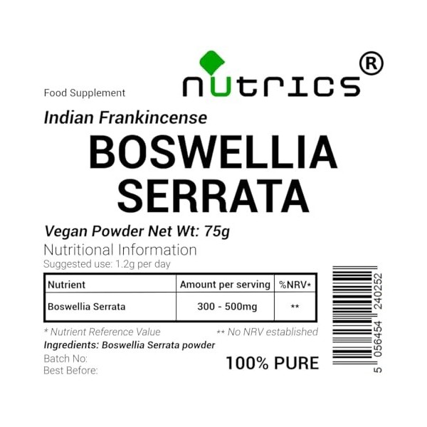 Nutrics BOSWELLIA SERRATA Poudre dencens indien Acide boswellique – 100 % pure, sans charges, liants ou agents de charge 75