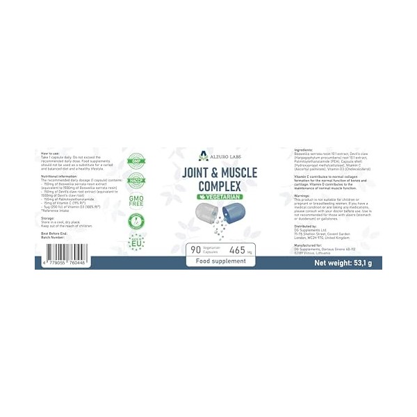 Alzuro Labs Complexe Articulations et Muscles 465mg - 90 Gélules | Boswellia Serrata, Griffe du Diable, PEA, Vitamine C & D3 