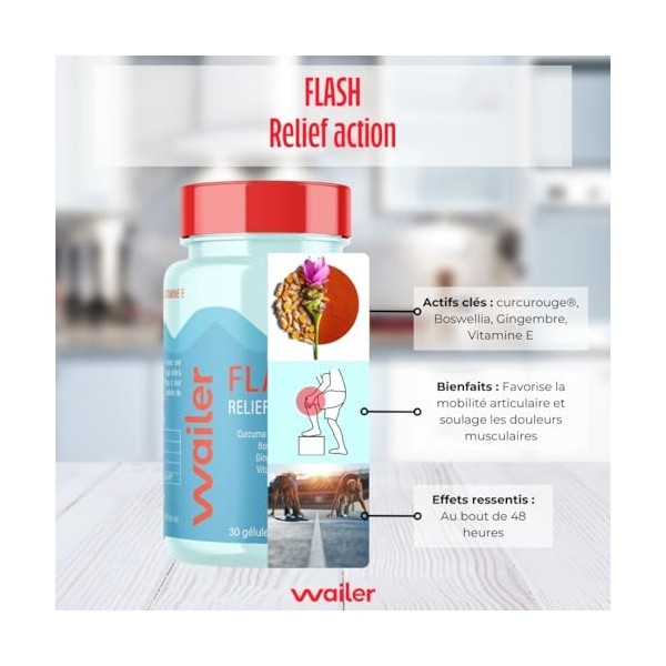 Wailer, Flash, Curcurouge ® breveté, Souplesse articulaire, Stress oxydatif, 30 Gélules, Curcuma et Boswellia, Gingembre, Mad
