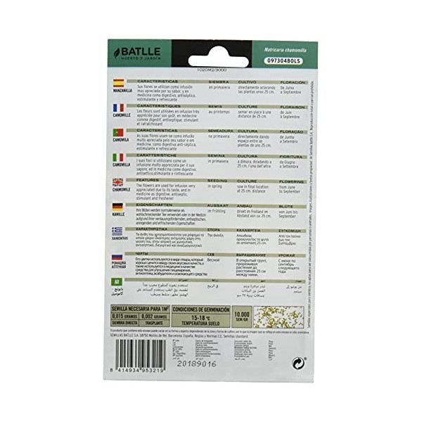 Graines aromatiques de Batlle - Camomille Camomila 1g Lot de 2 Camomille