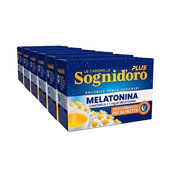Sognioro Plus Camomille Soluble avec 1 mg de mélatonine sans sucre pour favoriser le sommeil – 6 paquets de 16 sachets