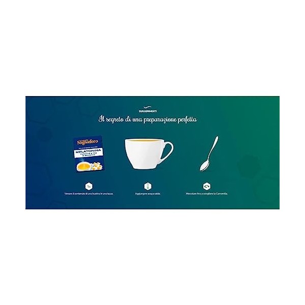 Sognioro Plus Camomille Soluble avec 1 mg de mélatonine sans sucre pour favoriser le sommeil – 6 paquets de 16 sachets