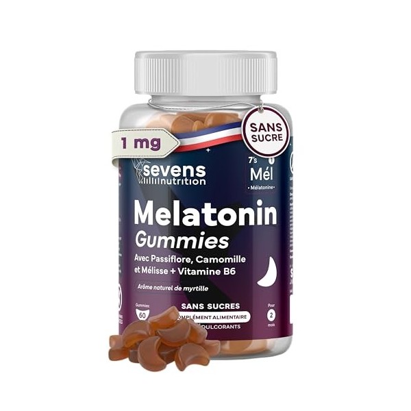 Gummies Sommeil Mélatonine 1mg - Complément Alimentaire - Endormissement Rapide - 60 Mélatonine Gummies - Végan et Sans Sucre...