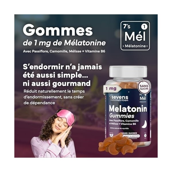 Gummies Sommeil Mélatonine 1mg - Complément Alimentaire - Endormissement Rapide - 60 Mélatonine Gummies - Végan et Sans Sucre...