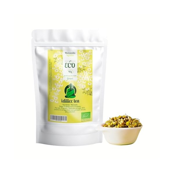 IDILICC TEA Infusion de Camomille 100% Ecologique 45 Gr. Feuilles et Fleurs de Camomille Naturelles en Vrac. Relaxant et Dige...