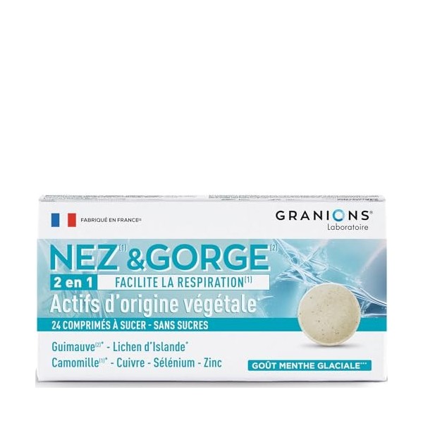 GRANIONS Nez et gorge | Complément alimentaire | 2en1 Inconfort nasal et mal de gorge adulte | Guimauve + Lichen dIslande + ...