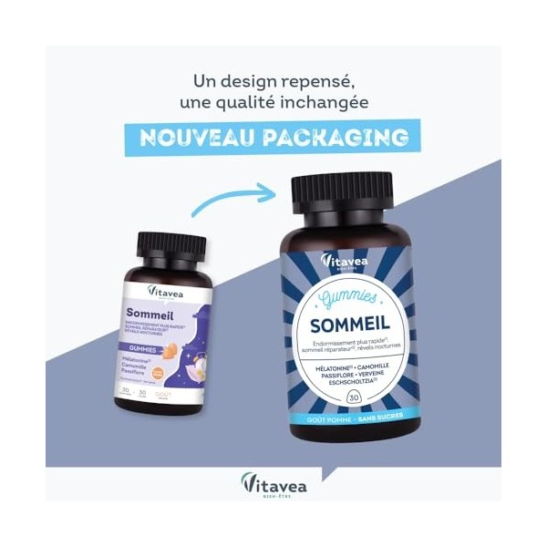 Vitavea - Gummies Sommeil Adulte sans sucres - Mélatonine Camomille Passiflore - Endormissement rapide, Sommeil réparateur, R...