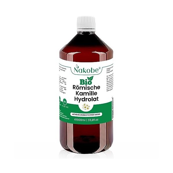 Nakobe Hydrolat de camomille romaine bio – 1000 ml – Eau florale Arthemis Nobilis bio – 100 % naturel – Soin apaisant de la p...