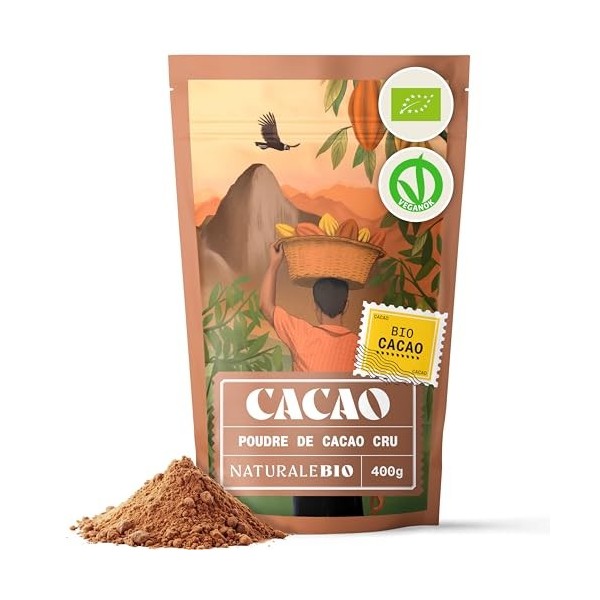 NaturaleBio Poudre de Cacao Bio 400g. Non Sucré, Naturel et Pur à partir de Fèves Crues. Produit par la Plante Theobroma. Sou...